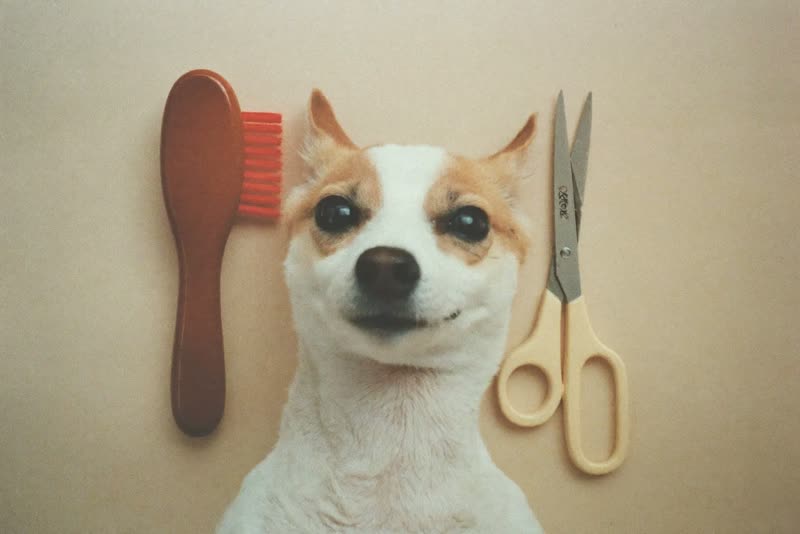 A grooming brush and scissors laid out on a plain pale surface